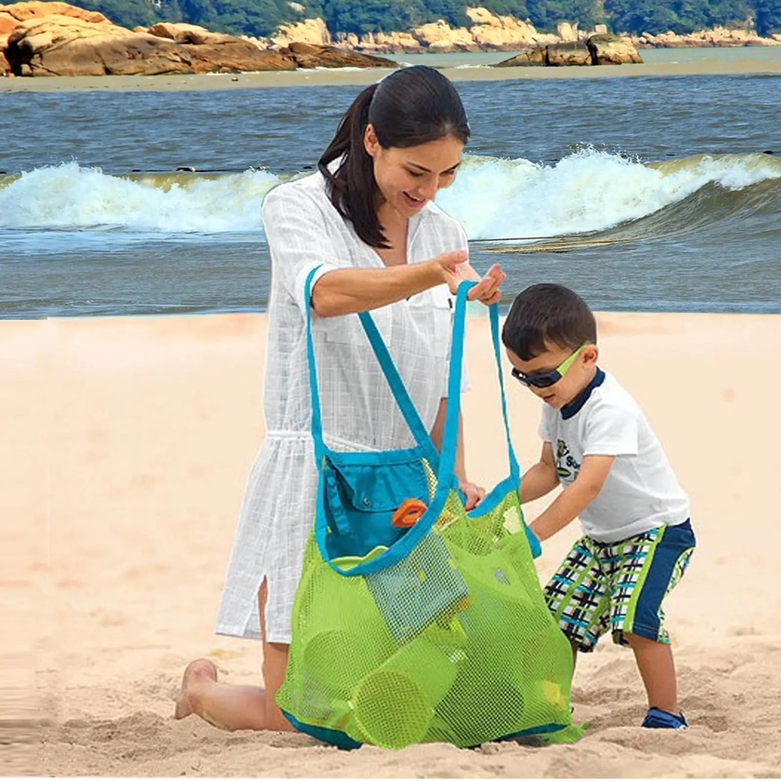 Bolsa grande para juguetes de playa, bolsa de malla para piscina, almacenamiento de conchas, suministros para exteriores de verano