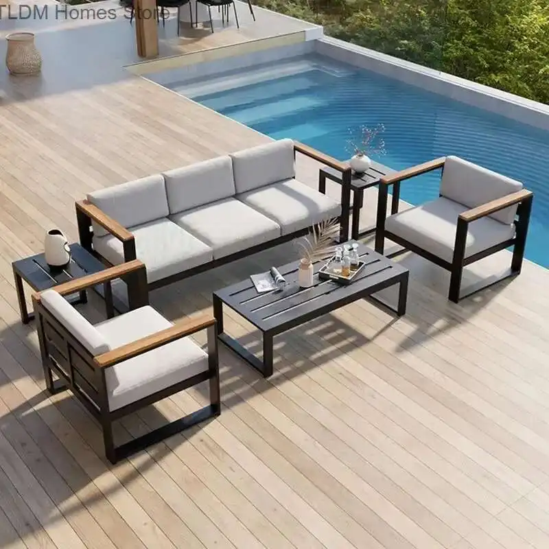 Sofás de jardín de aleación de aluminio, protector solar impermeable, muebles de exterior para el hogar, patio, balcón, jardín, sofá, mesa de centro, combinación L