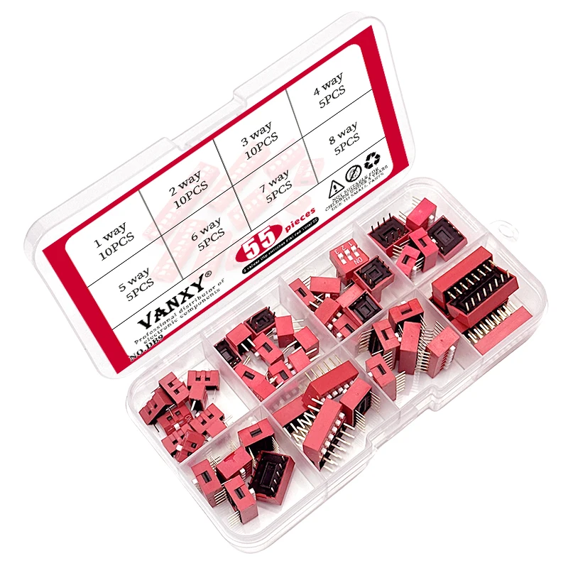 8 values kit Slide Type Switch Module 1 2 3 4 5 6 7 8 Bit 2.54mm Position Way DIP Red Pitch Toggle Switch Red Snap Switch