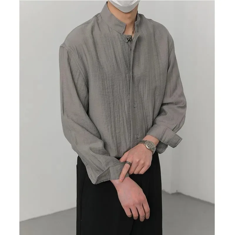 High-end Trendy Shirt Casual Men's National Style Long-sleeved Stand-collar Loose Solid Color Shirt