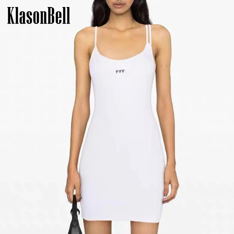 

7.6 KlasonBell Women Fashion Letter Embroidery Double Shoulder Strap Knitted Dress y2k Sexy Hot Girl U-Neck Package Hip Dress