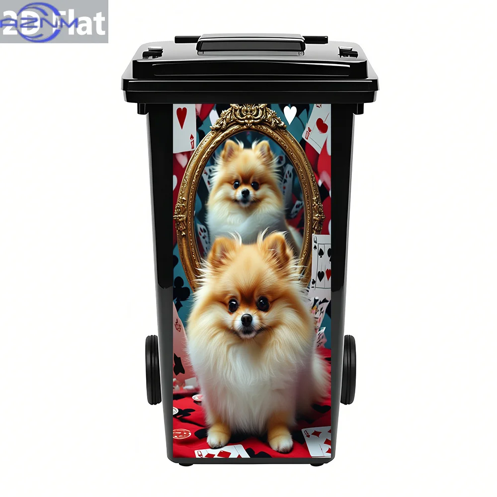 1pc 2D Flat Pomeranian Puppy with Vintage Mirror and Playing Cards Trash Can Sticker – Self-Adhesive Waterproof PVC Decal for view 3