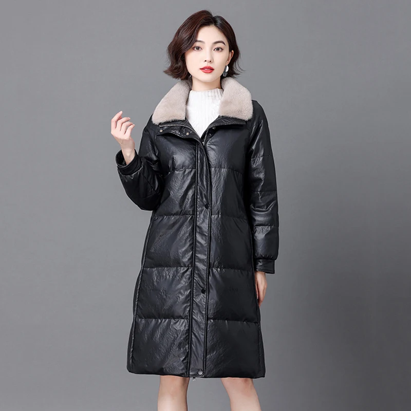 Nouveau Manteau de duvet en cuir long pour femmes Doudoune chaude en peau de mouton avec col en fourrure de vison véritable Manteau décontracté et ample Cuir fendu