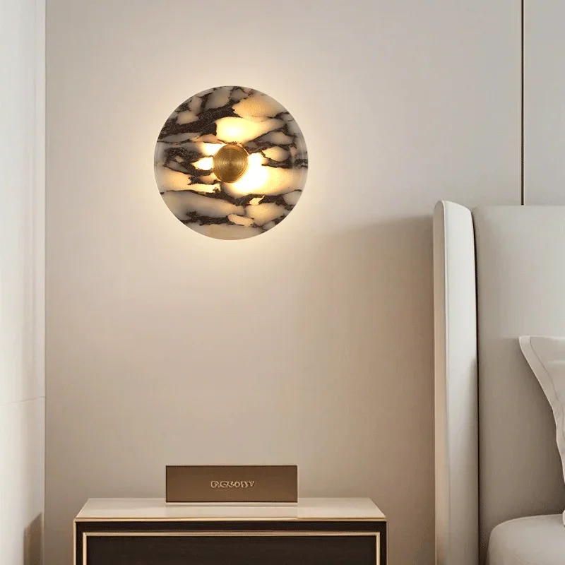 Round Luxury Natural Stone Alabaster Wall Lamp Living Room Marble Wall Sconce Decoration Atmosphere LED High-end LED Lights