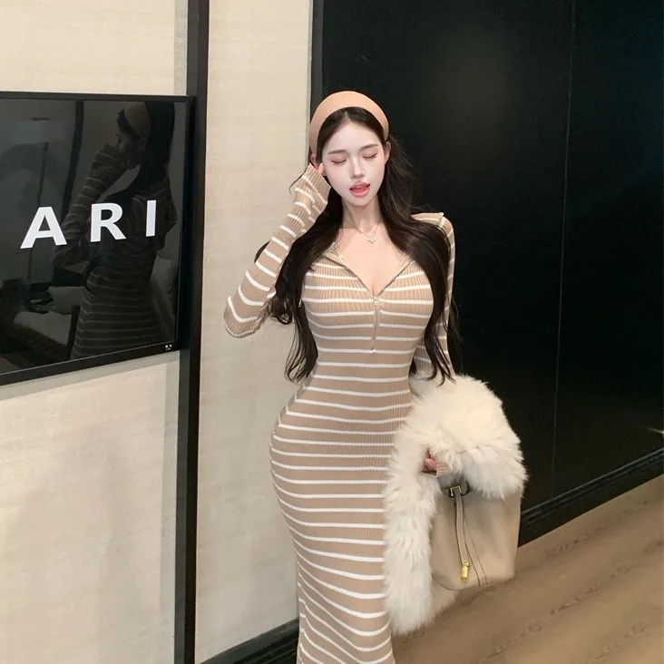 Sexy Striped Knitted Tight Bodycon Dr Women's Elastic Mid-Length Hoodie Long Sve Soft Korean Sle Casual Faion Dr