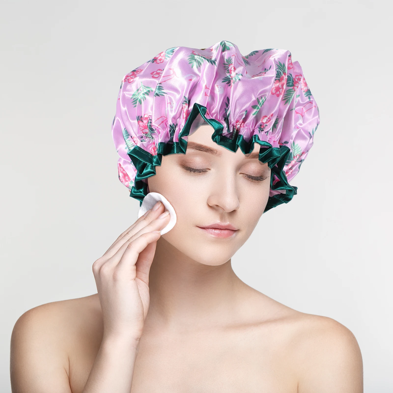 

2pcs Waterproof Shower Cap Reusable Satin Bathing Caps Double Layer Elastic Fit Women Adult Travel Spa Sleeping