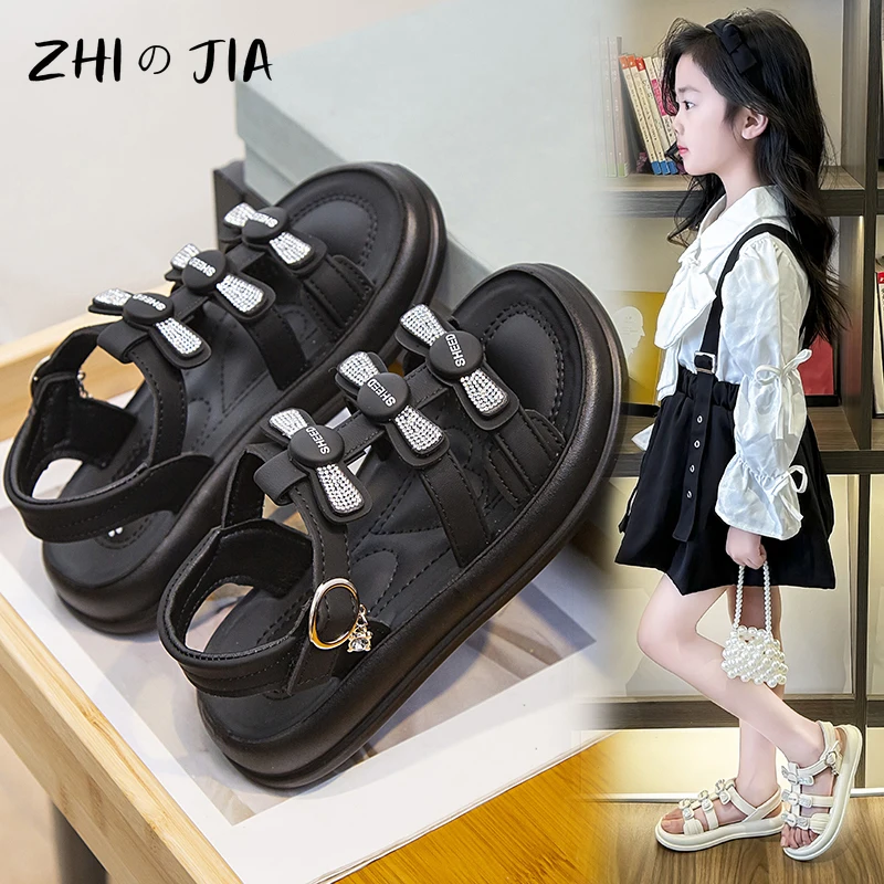 Summer New Girls Beach Sandals Hook and Loop Fastener Open Toe Sandals Big Kids Fashion Trend Shoes Outdoor Breathable Shoes