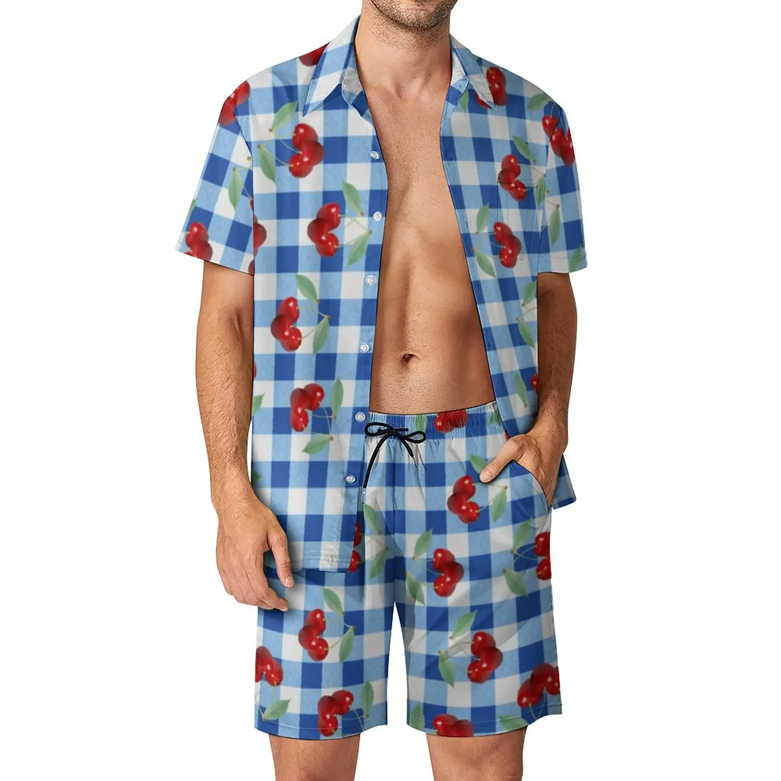 Red Cherry 3D Printed Men's Set Vintage Plaid Casual Shorts Summer Trend Beach Shirt Set Fashion Art Hawaiian 2 Piece Set