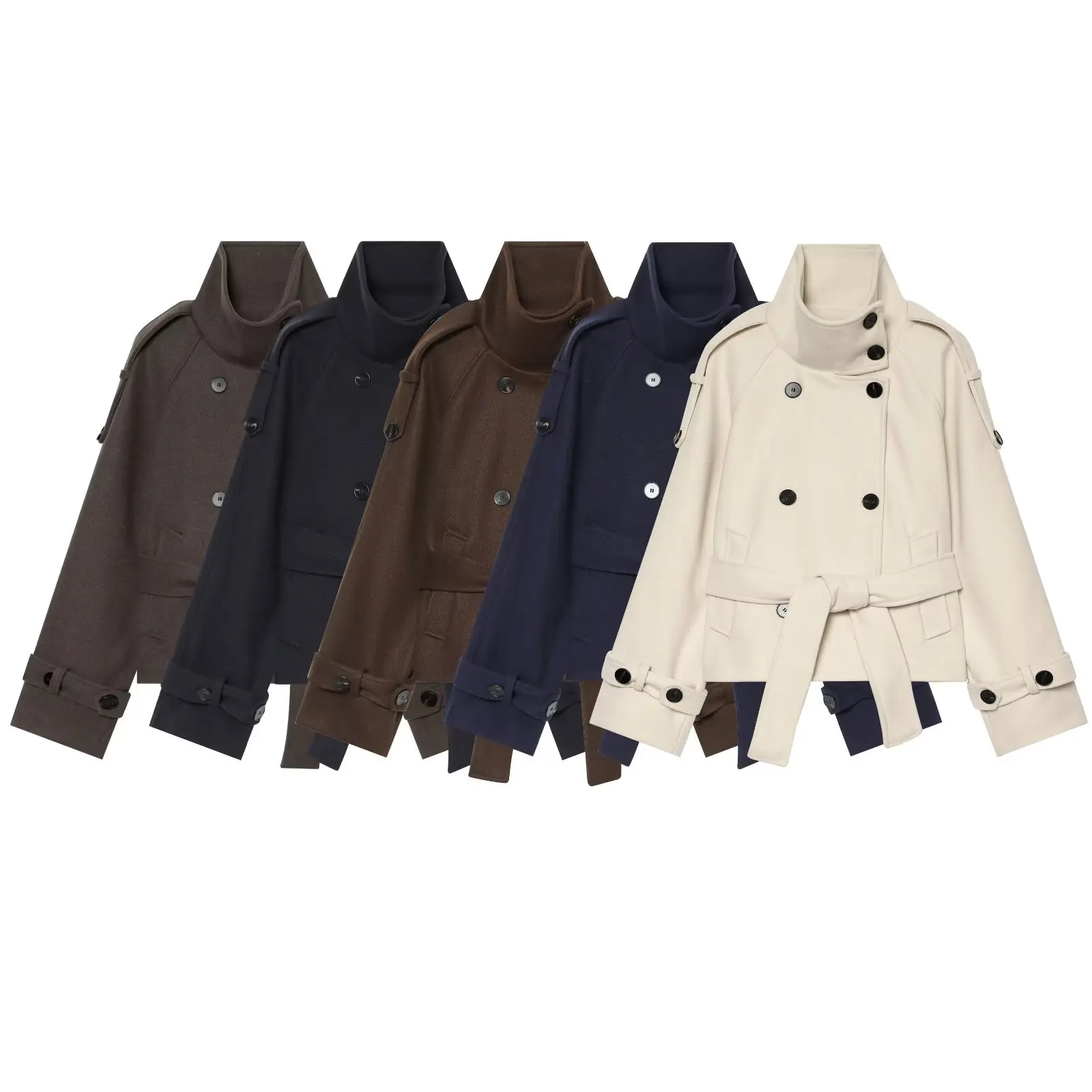 DUOPERI Women Multi Color Double Breasted Belted Soft Fabric Coat Stand Collar Female Chic Lady Casual Outerwear