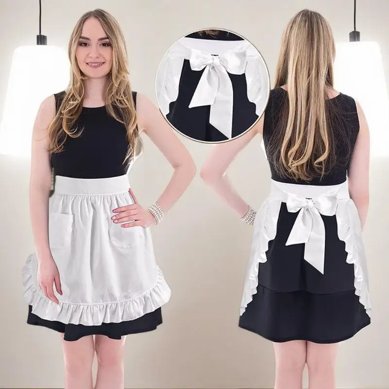 女性用ハーフ丈キッチンエプロン、ショートロリータメイド風セクシーレース、黒白ビブ、ビューティーフラワー、コーヒーショップ、ピナフォア、ホームワーク用