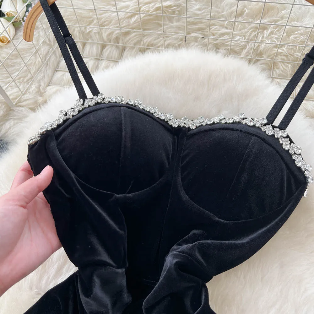 Robe crayon fendue en velours, Sexy, chic, sans manches, strass, mode coréenne, vêtements de soirée pour femmes