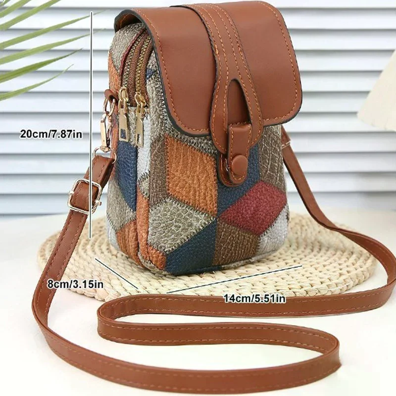 Retro Contrasting Color Women's Bag Multi-layer Practical Small Crossbody Bag Diamond Splicing Phone Bag Shoulder Bag