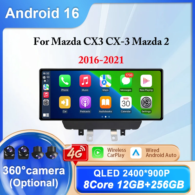 Radio de Coche Android 16 para Mazda CX3 CX-3 Mazda 2 2016-2021 Reproductor Multimedia de Video QLED Navegación GPS WIFI Inalámbrico Carplay Auto