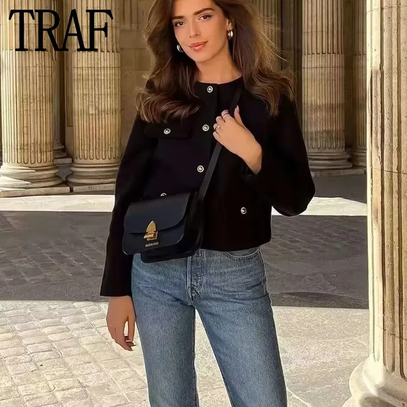 TRAF Cropped Black Jacket Women Vintage Tweed Jacket Woman Fashion Autumn Elegant Womens Jackets 2023 Button Long Sleeve Coat