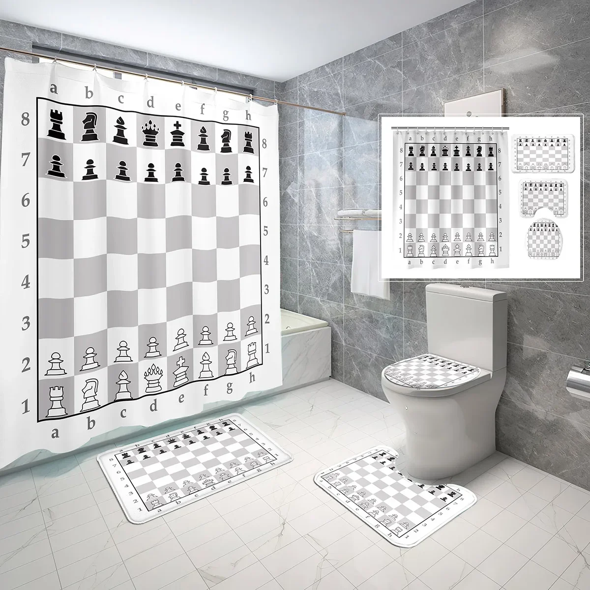 

Набор из 4 предметов: шторка для душа с абстрактным геометрическим узором в виде шахматной доски, нескользящий коврик для ванной, чехол для унитаза