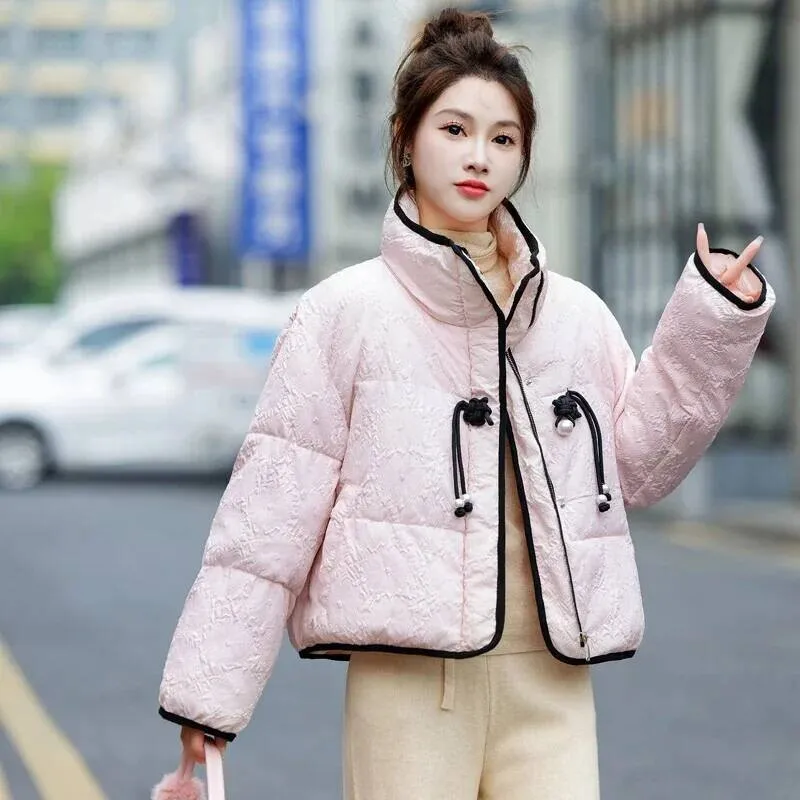 New Arrival Winter Elegant Small Fragrant Down Jackets Cotton Padded Fashion Women's Puffer Jacket Stand Collar Coat Outerwear