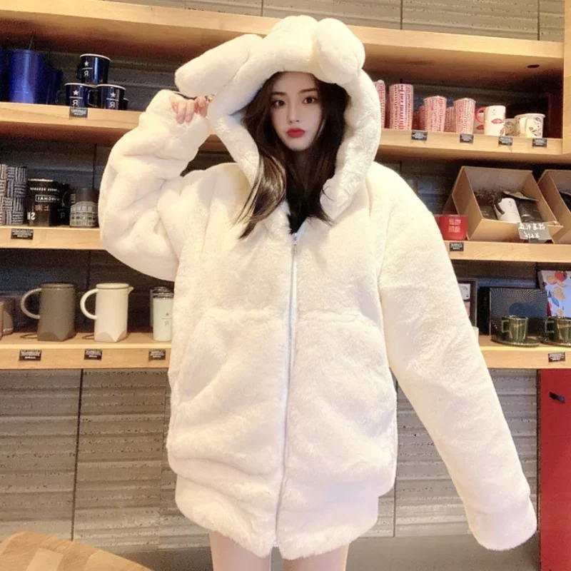 Snowmans Same Rex Rabbit Fur Eco-friendly Fur Thickened Plush Coat for Women with Cute Ears Hooded Coat Mid-length