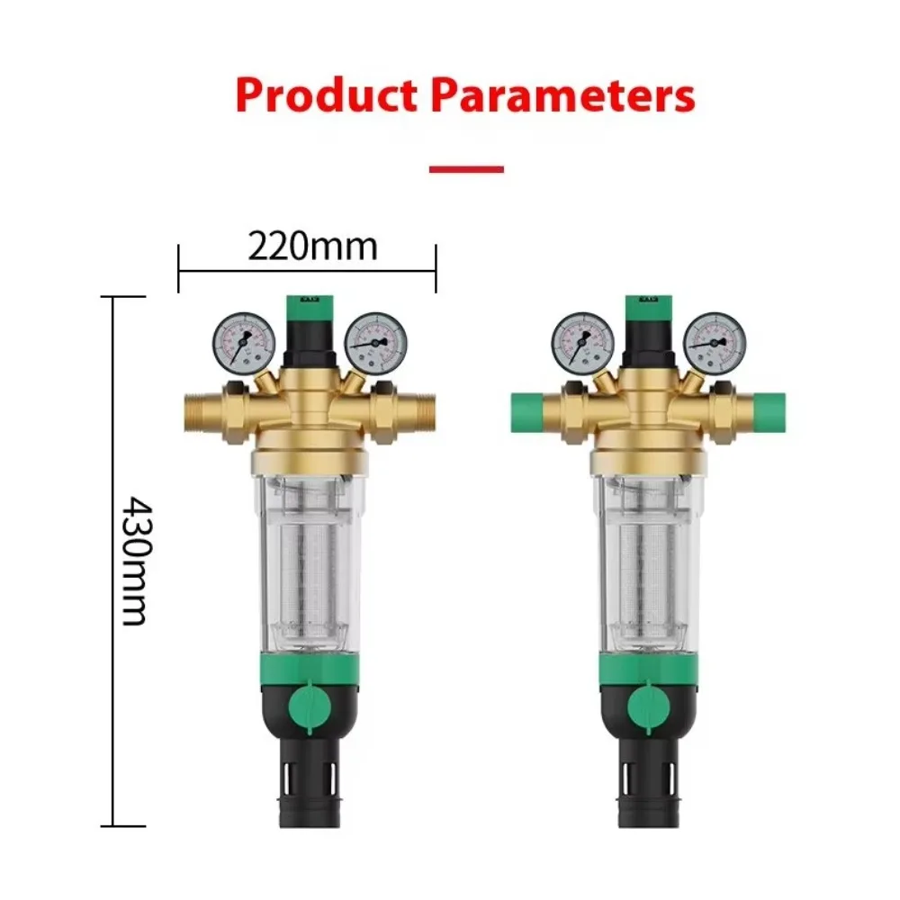 Upgraded brass manual water pressure regulator safety structural control valve with two pressure gauges for flow and purge