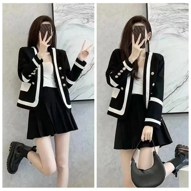 Suit Jacket Women\'s 2024 New Spring Autumn Jackets Black Fashion Blazer Vintage Tops Loose Coat Metal Paikou Outwear Female