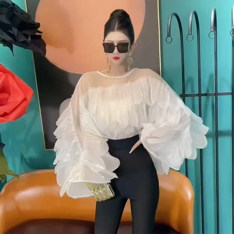 

Korea Chic Mesh Ruffles Loose Women Clothing O Neck Celebrity Luxury All-match Trendy Tops Age Reduction Exquisite Shirt