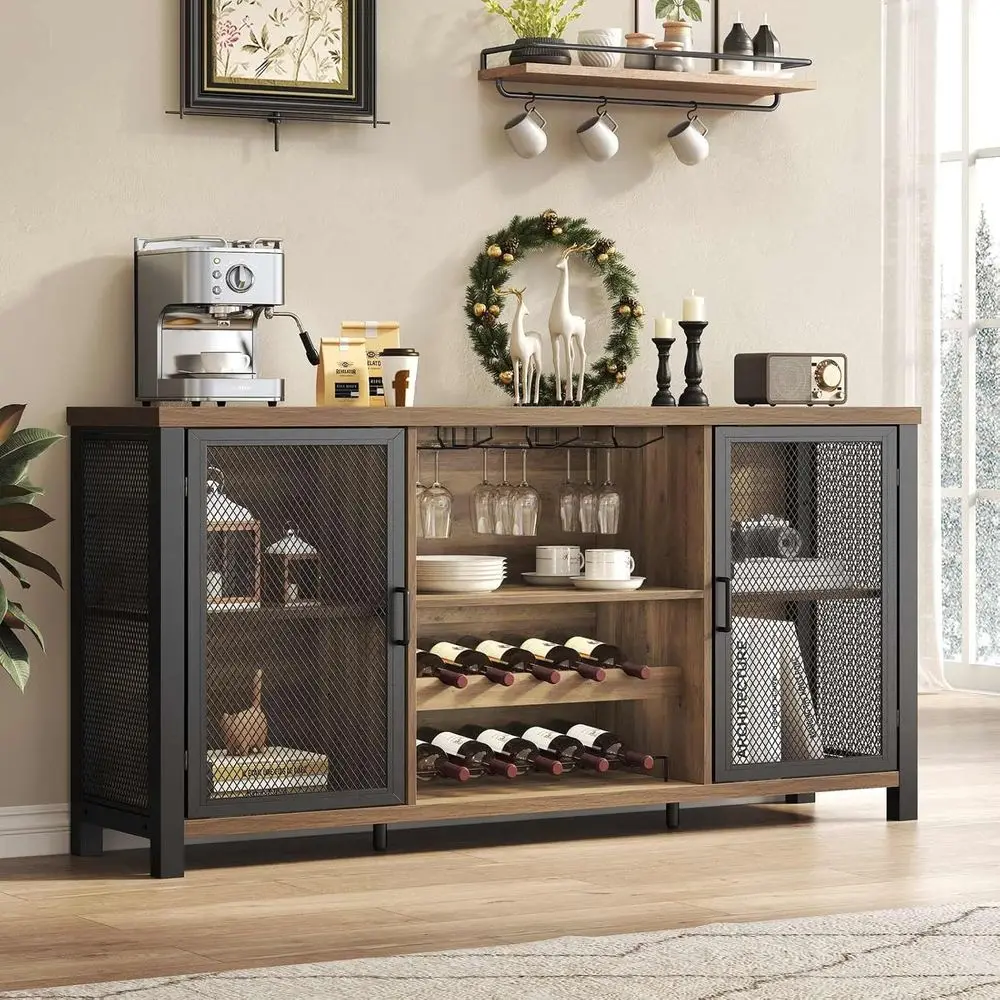 

Industrial-Style 55 Rustic Oak Liquor Cabinet with Storage for Barware and Glassware