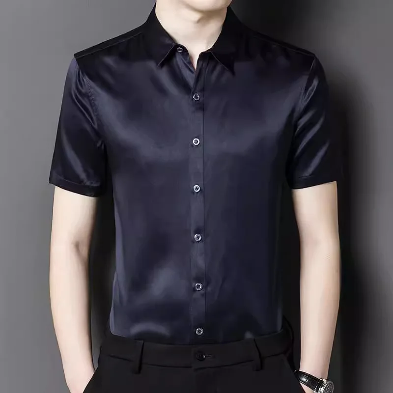 Summer New Fashion Business Lapel Shirt Top Silk Shirt Men