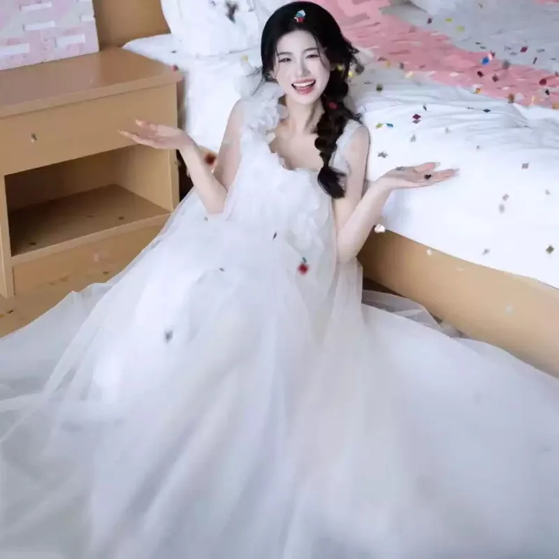 White Spaghetti‑Strap Tulle Long Dress, Romantic Floral Shoulder Decor Flowy Bridal Gown for Wedding Studio Photoshoot  Party