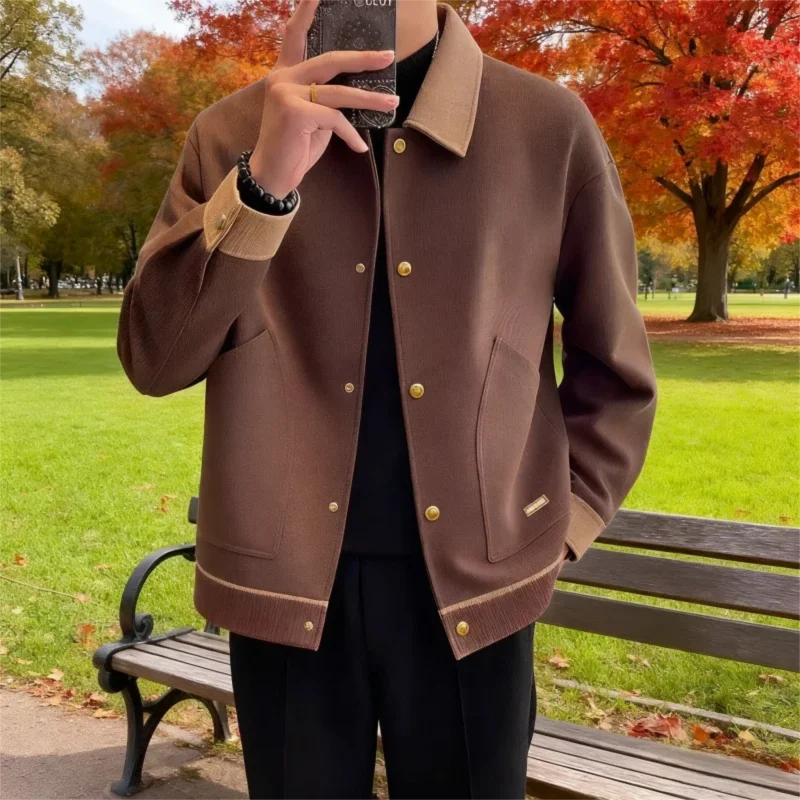 Men's Paneled Bomber Jacket with Contrast Collar - Zip-Pocket Design in Solid Color for Casual Autumn Wear