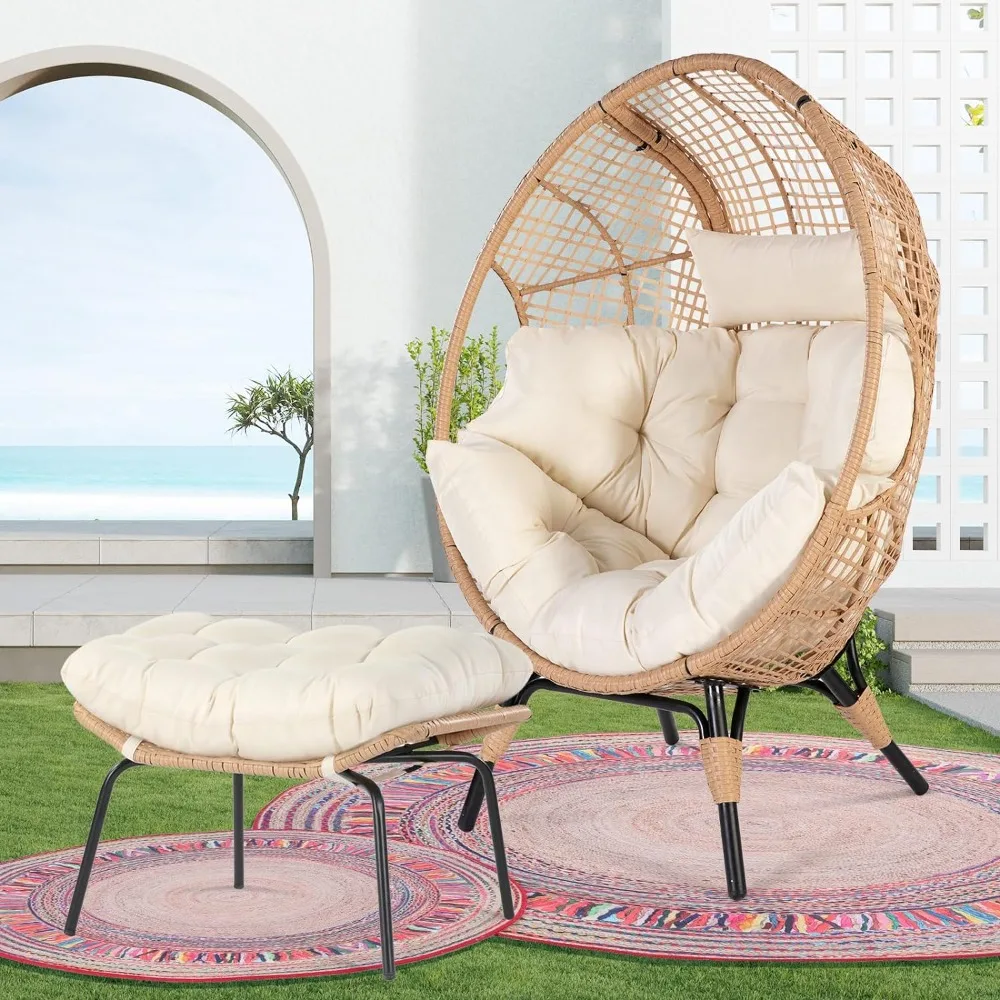 

Wicker Stationary Egg Chair Egg Basket Lounge Chair Oversized Thick Cushions Seat with Legs with Ottoman, Boho Rattan Chair