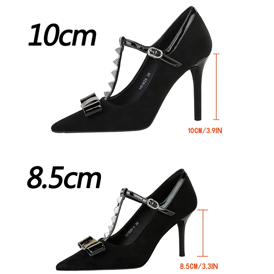BIGTREE Shoes Rivet Women Pumps T-shaped Buckle High Heels Bowknot Stiletto Suede Women Pumps Buckle Sexy Party Shoes Women Heel