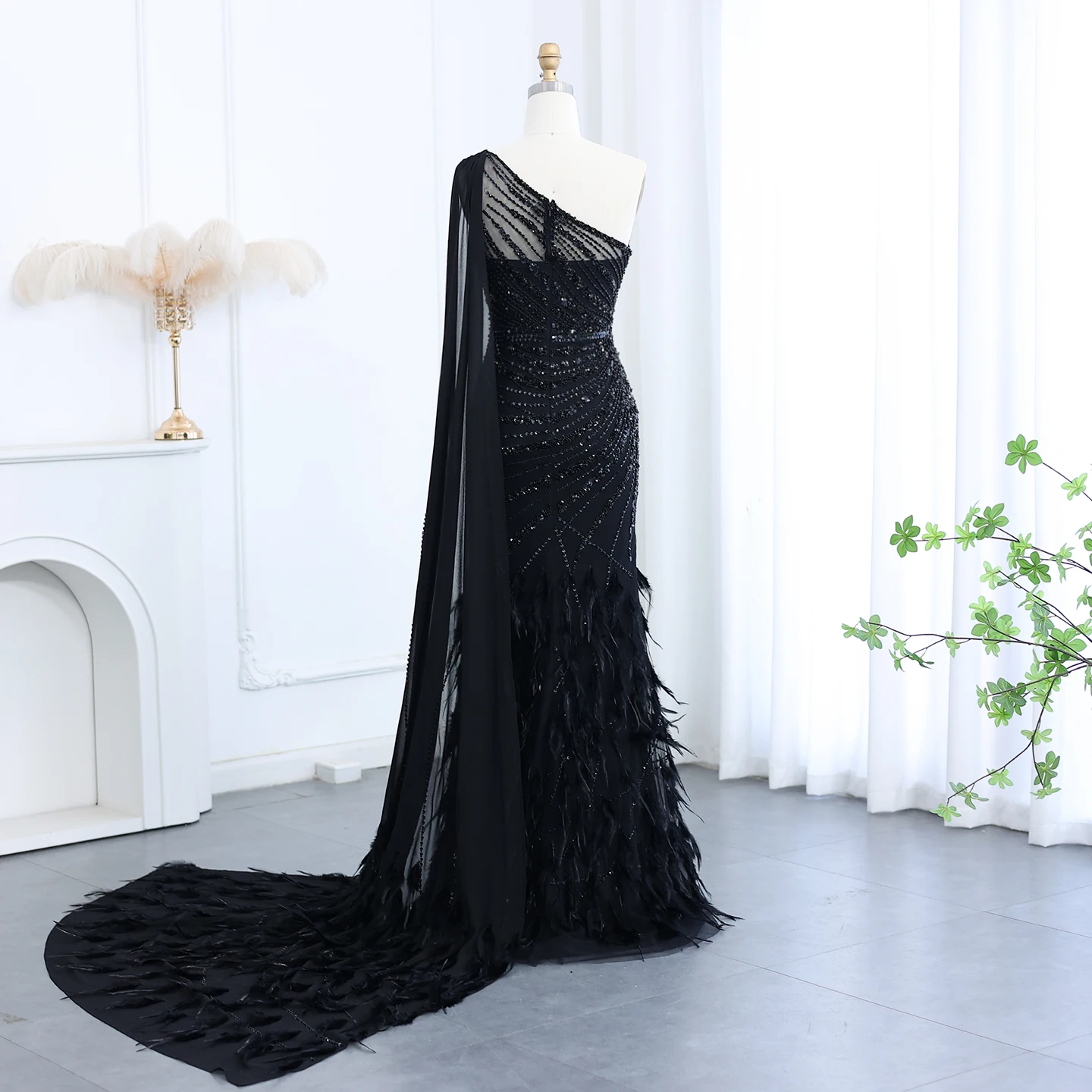 Sharon Said Luxuriöses, federbesetztes, türkisfarbenes, schulterfreies Meerjungfrauen-Abendkleid mit Cape, arabisches Ballkleid, Hochzeitskleid, SS498, maßgeschneidert – Detail 26