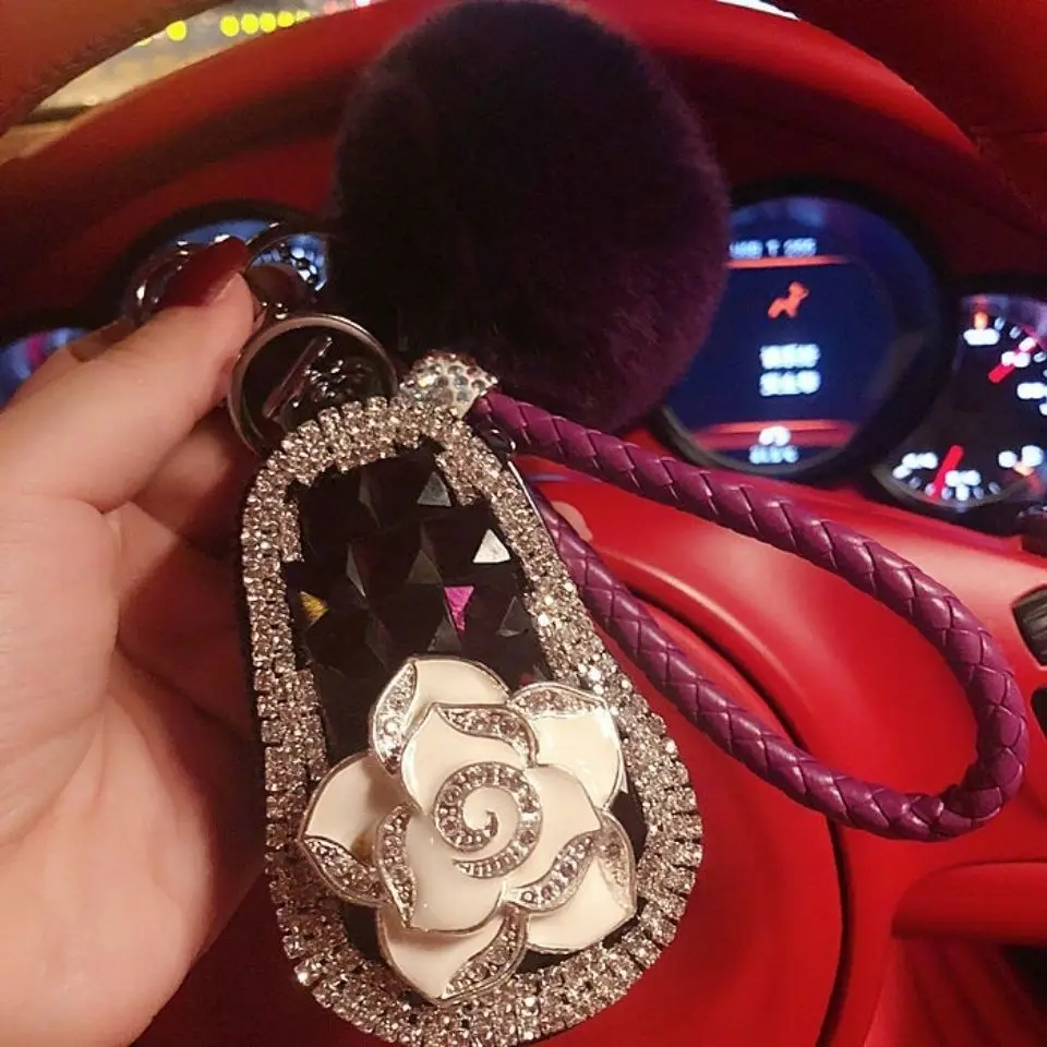 Universal Rhinestone Car Key Bag Car Key Protective Sleeve Men And Women Pendant Leather Hair Ball Rope Creative Personality Bag