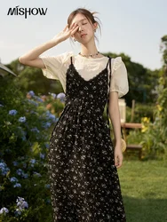 MISHOW Two Piece Set 2023 Summer French Tea Break Floral Suspender A-LINE Dress Puff Sleeve Solid O-Neck Blouses Set MXC38T0124