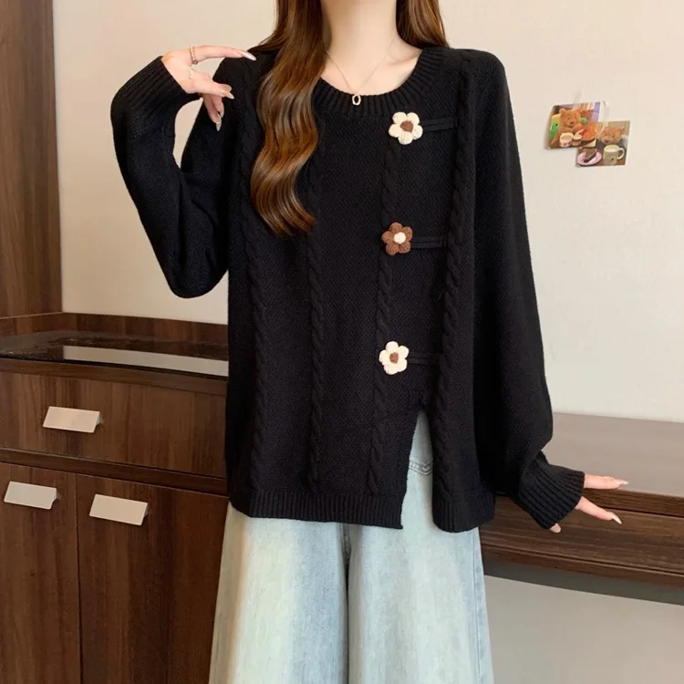 

2025 Autumn/Winter New Gentle Milk-Style Pullover Sweet Round Neck Knit Sweater with 3D Floral Decoration