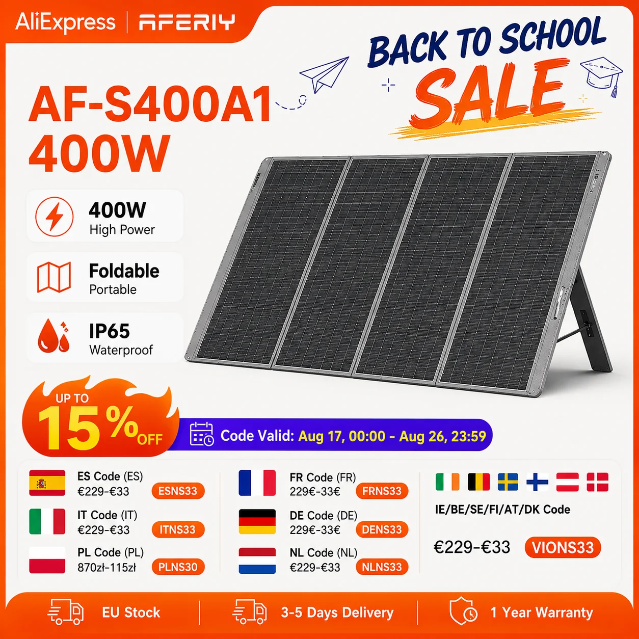Image of AFERIY ‎ AF-S400A1 400W Tragbares Faltbares Solarpanel, 23% Energieumwandlungsrate, IP65 Wasserdicht, Verstellbarer Ständer