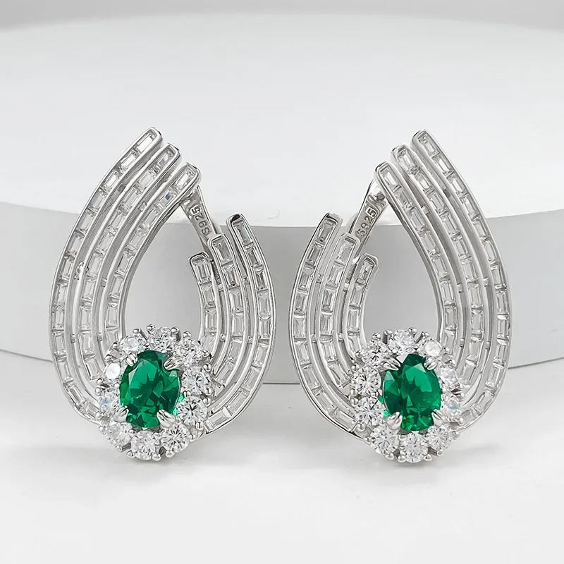 2024 New Fashionable Evening Style Luxury Inlaid 6 * 8mm Nano Green Earrings with High Grade S925 Silver Earrings for Women