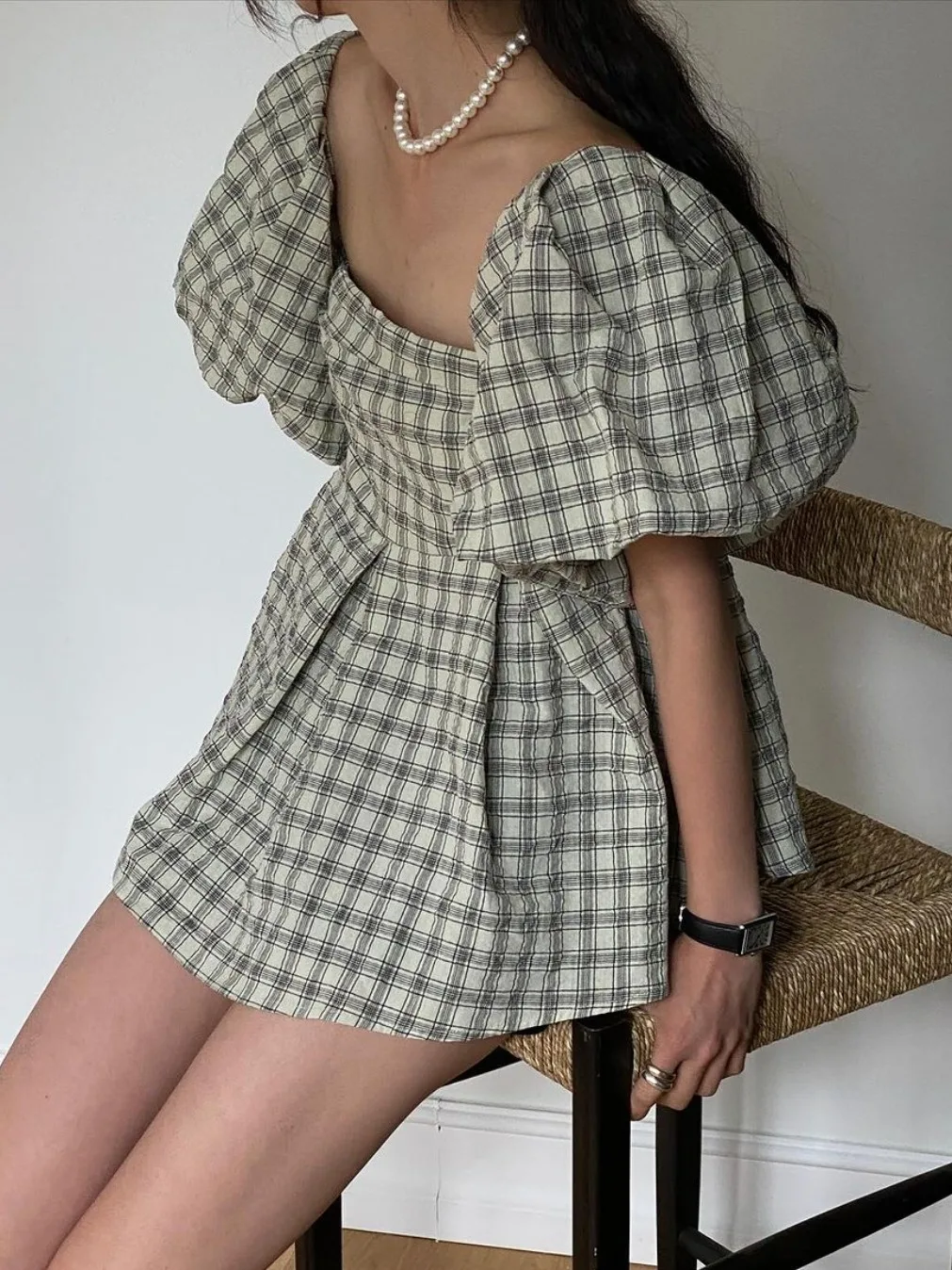 Csa Retro de verano e con cuello cuad y manga de burbuja, Top de moda para mujer con empalme a cuadros y pad...