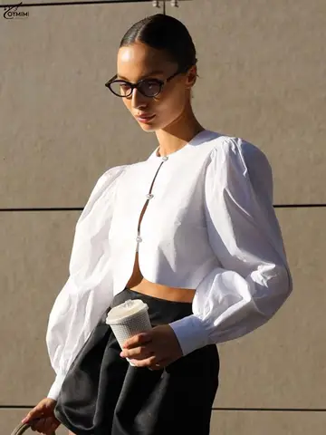 Oymimi Fashion White Cotton Woman Blouses Elegant O-Neck Long Sleeve Solid Blouses Autumn New Single Breasted Crop Shirts Female
