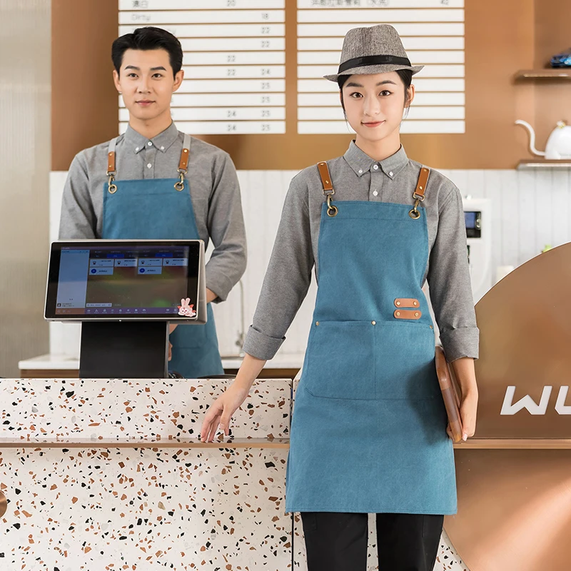Personalized Adjustable Cross Back Apron Thick 50% Cotton Apron for Cake Shop, Coffee Shop Florist Bib Apron with Pockets view 3