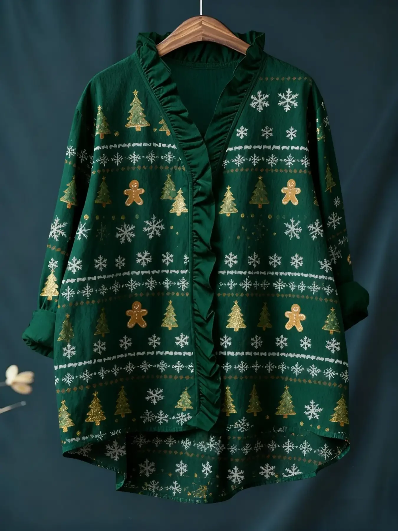 Nova camisa feminina de manga comprida com estampa digital de Natal e gola com babados, ajuste solto, s-2xl