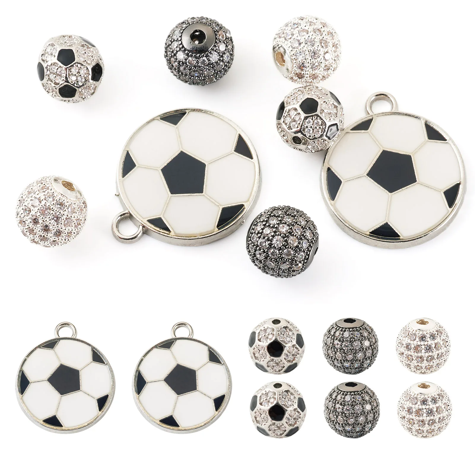 Sport Theme Alloy Enamel Football Pendants with Brass Micro Pave Cubic Zirconia Beads for Couple Bracelet Jewelry Making Finding