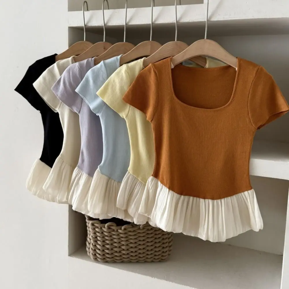 

Ins Style Short Sleeve Summer Knitted T-Shirt U-neck Patchwork Sweet Crop Tops Slim Fit Korean Style Mesh Ruffle T-Shirt Girls