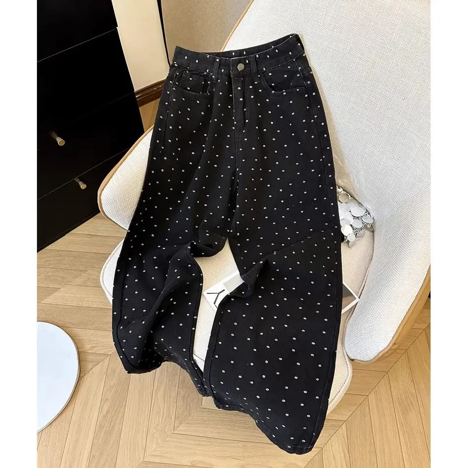Black Polka Dot Women's Jeans 2026 Autumn New Niche Vintage Loose Straight Wide Leg Pants Zipper High Waist Durable Trousers