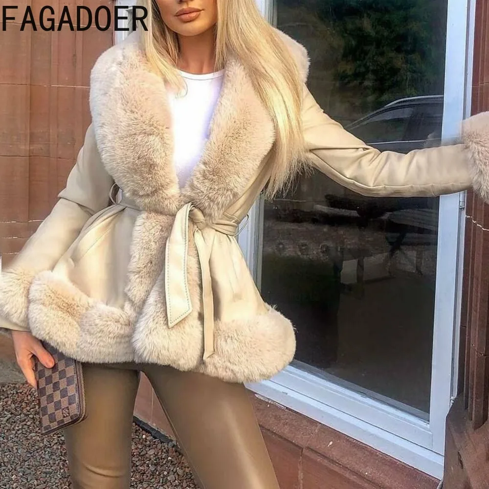 FAGADOER-abrigos de cuero para mujer, Parka corta con cuello de retales de piel de manga larga, cárdigan cálido con cinturón, ropa de calle, invierno, nuevo