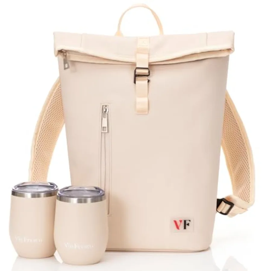 

Two Bottle Rolltop Wine Tote Bag Stylish PU Leather Backpack with Matching Tumblers Wine Carrier with Padded Straps and Compart