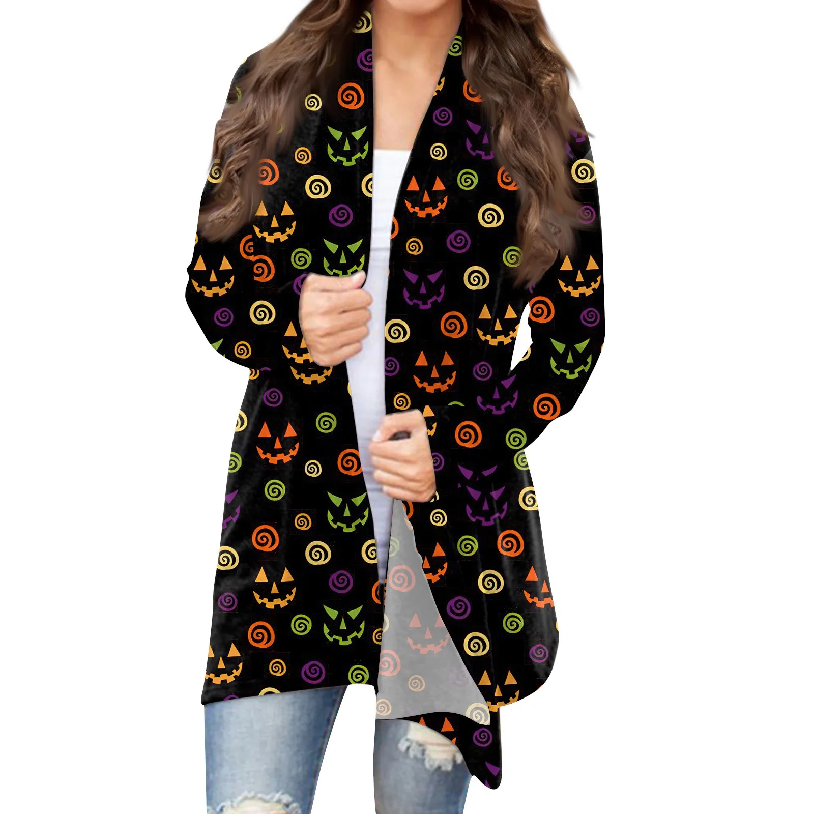 Tops Mujer Women\'S Fashion Casual Halloween Printed Long Sleeve Mid-Length Cardigan Jacket Tops Roupas Feminina Roupa Feminina