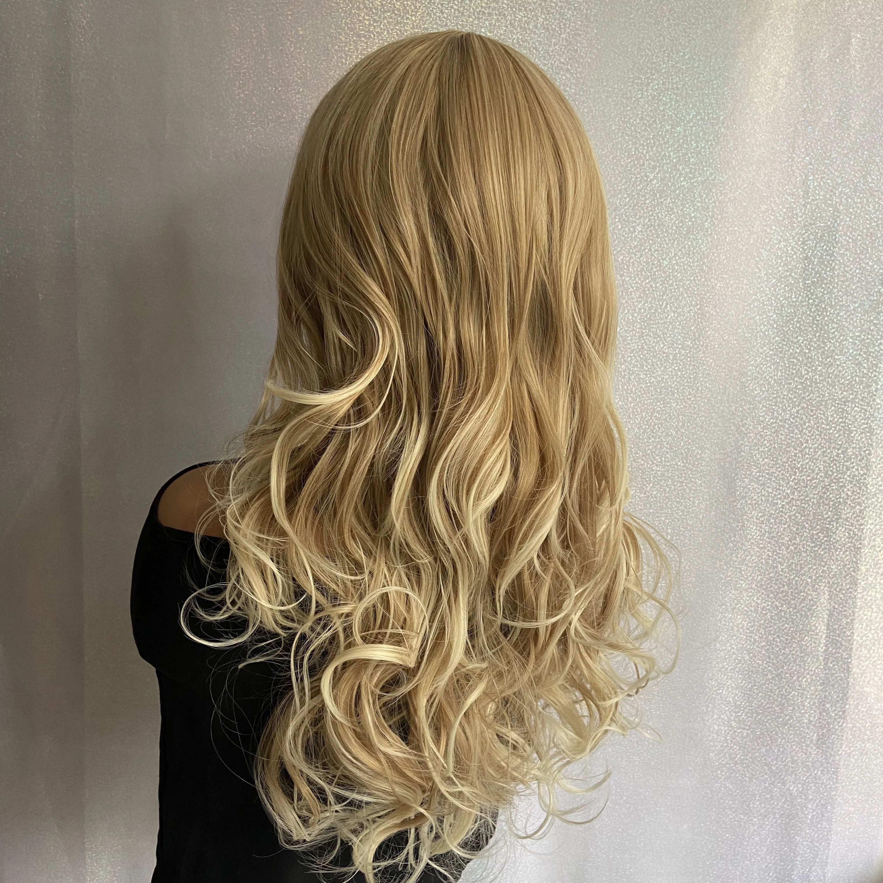 Fashiomag Long Wavy Blonde Mix Human Hair Blend Synthetic Heat Ok Wigs Women Soft Natural Daily Curly Wigs With Bangs