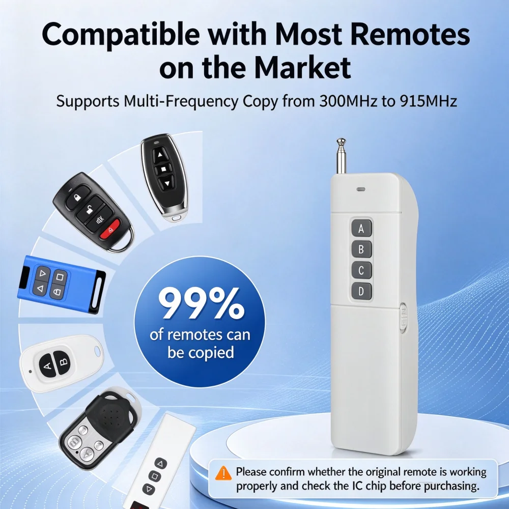 Dual-Channel Remote Control Multi-Frequency RF Cloning Garage Door Electric Gate Access Control Panel 4-Key Copy Remote