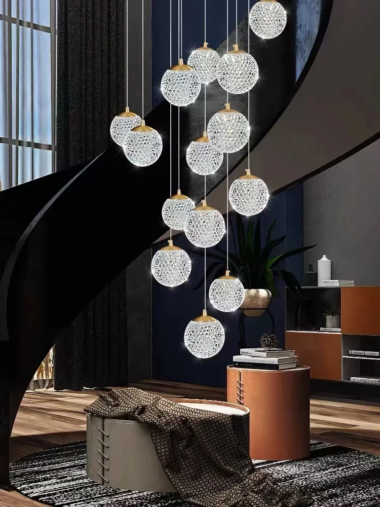 LED Staircase Long Chandelier Luxury Living Room Bedroom Pendant Light Lustre Villa Attic Ceiling Chandelier Home Decoration
