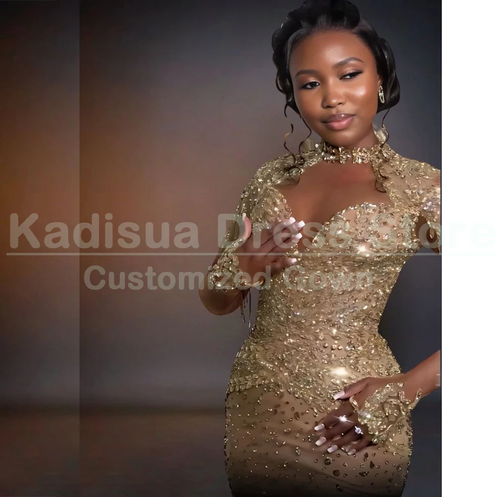 Exquisite Women Glden Evening Dresses Luxury Crystal Appliques Beading Tassel Mermaid Special Event Long Sleeve High Neck Gowns